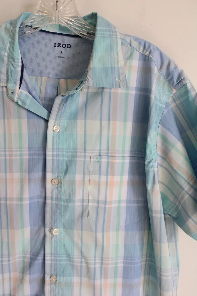 Izod Blue Plaid Button Down Shirt L Izod Rings