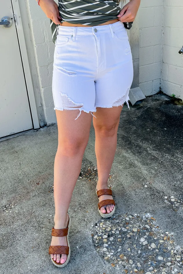 Risen Rings Jamey Distressed MidThigh Shorts White