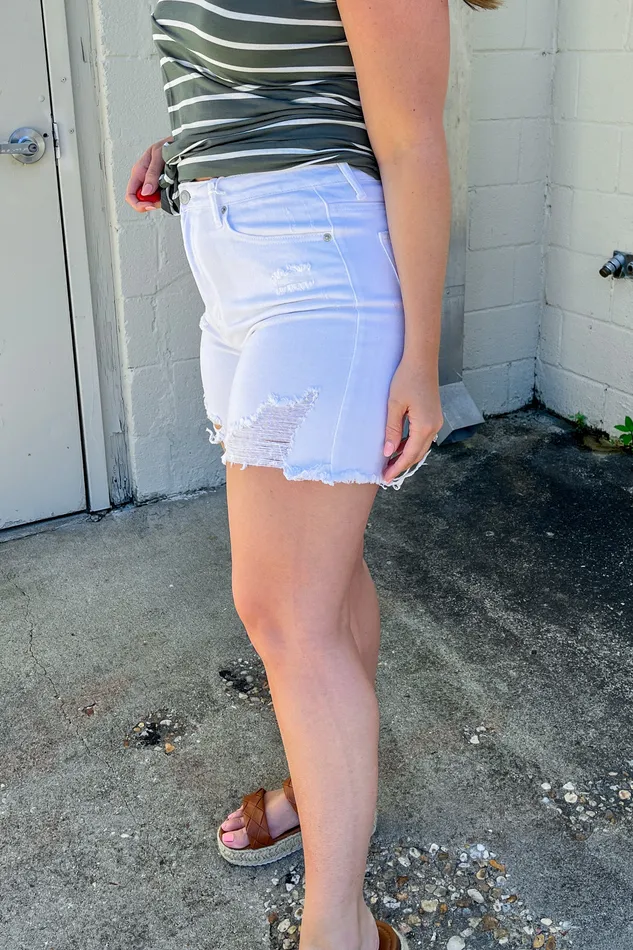 Risen Rings Jamey Distressed MidThigh Shorts White