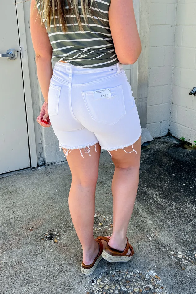 Risen Rings Jamey Distressed MidThigh Shorts White