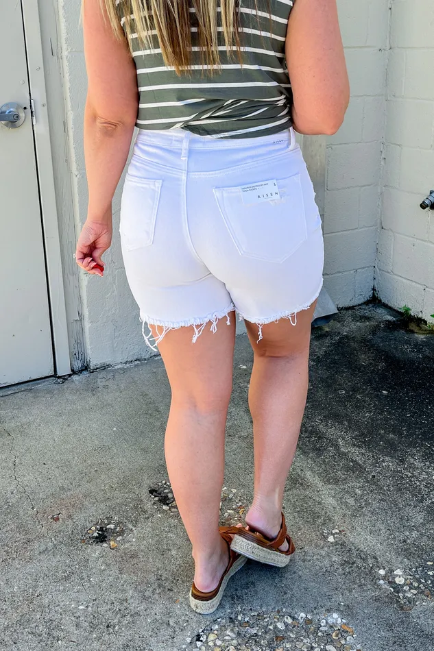 Risen Rings Jamey Distressed MidThigh Shorts White