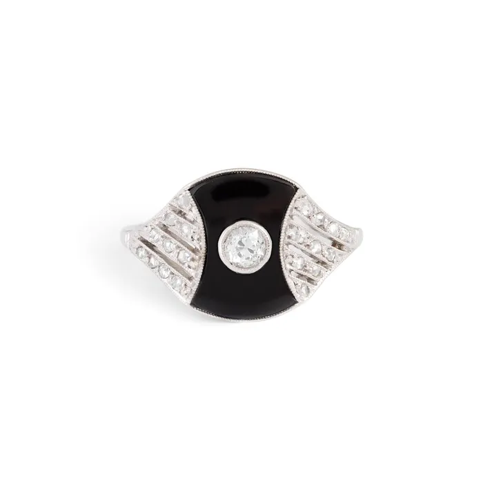 Antique Rings Austrian Art Deco Onyx Diamond and Platinum Ring