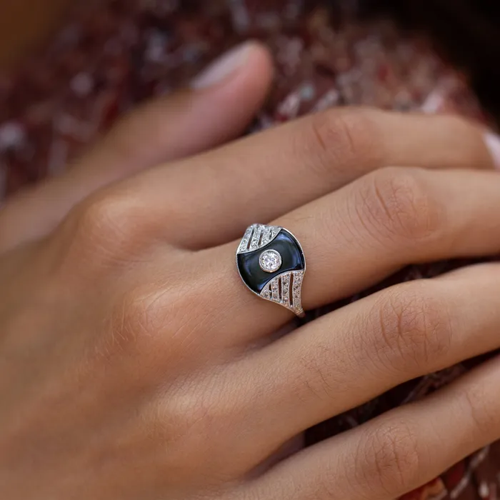 Antique Rings Austrian Art Deco Onyx Diamond and Platinum Ring