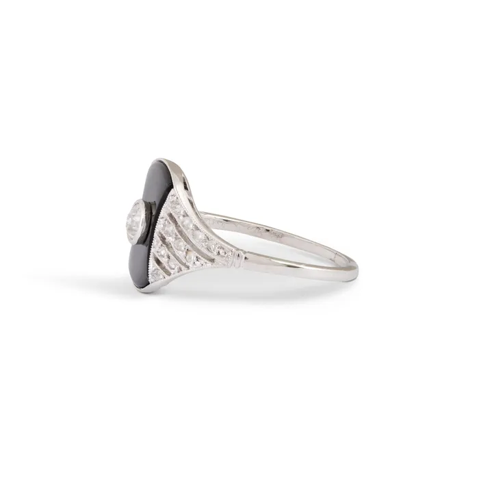 Antique Rings Austrian Art Deco Onyx Diamond and Platinum Ring