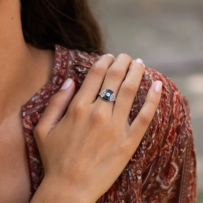 Antique Rings Austrian Art Deco Onyx Diamond and Platinum Ring