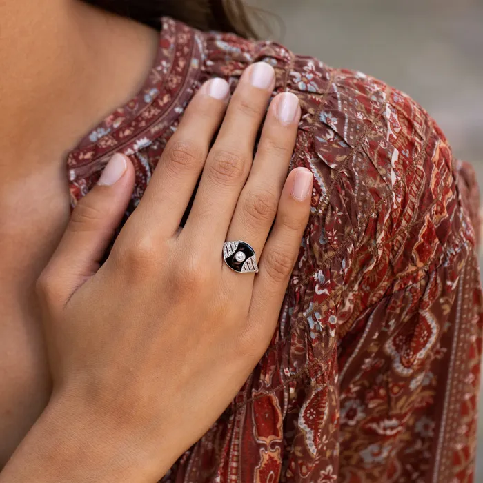 Antique Rings Austrian Art Deco Onyx Diamond and Platinum Ring