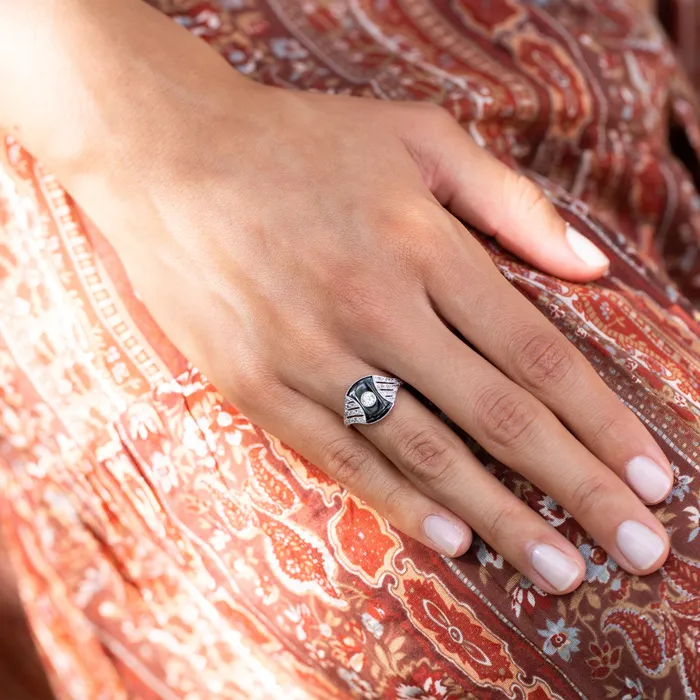Antique Rings Austrian Art Deco Onyx Diamond and Platinum Ring