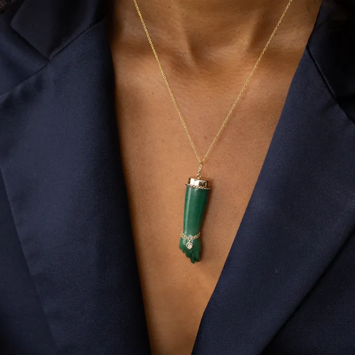 Bracelets Nephrite and 12K Gold Figa Charm with Diamond Bracelet Vintage