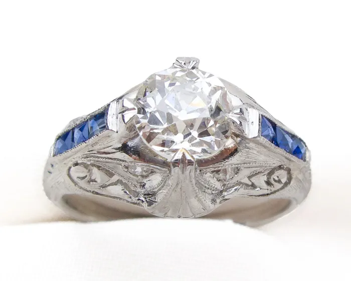 Isadoras C Rings Art Deco Diamond Ring with Synthetic Sapphire Accents