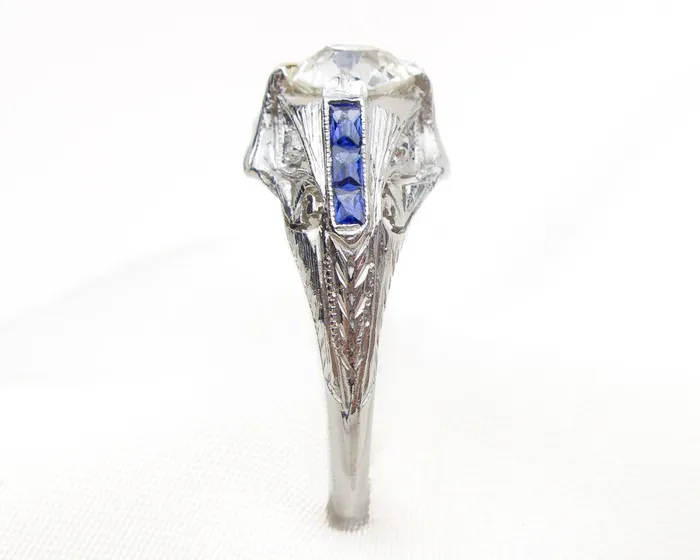 Isadoras C Rings Art Deco Diamond Ring with Synthetic Sapphire Accents