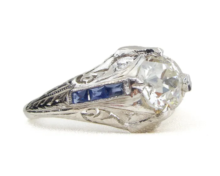 Isadoras C Rings Art Deco Diamond Ring with Synthetic Sapphire Accents