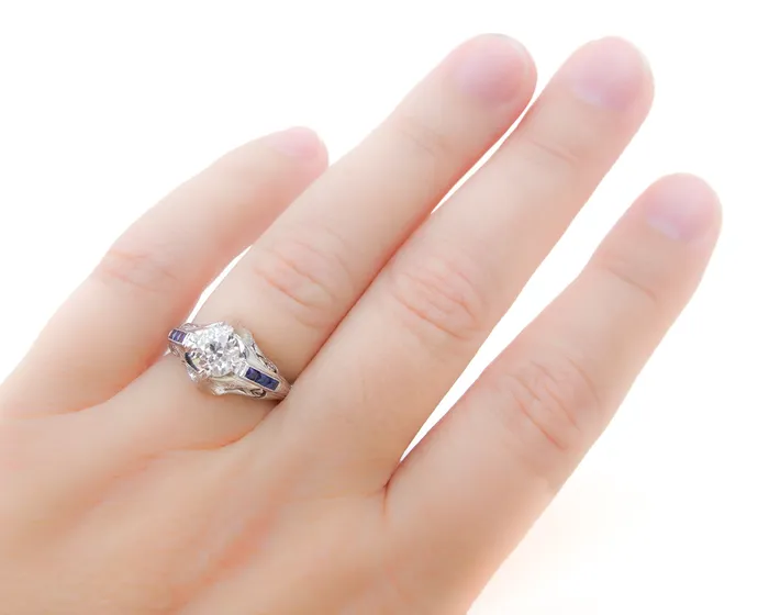 Isadoras C Rings Art Deco Diamond Ring with Synthetic Sapphire Accents