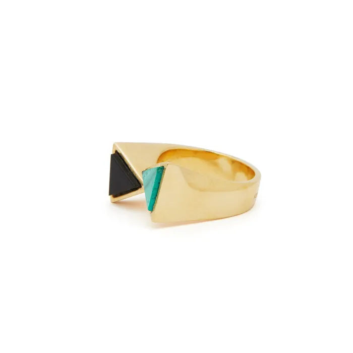 Rings 1970s Malachite And Onyx 18k Gold Ring Vintage