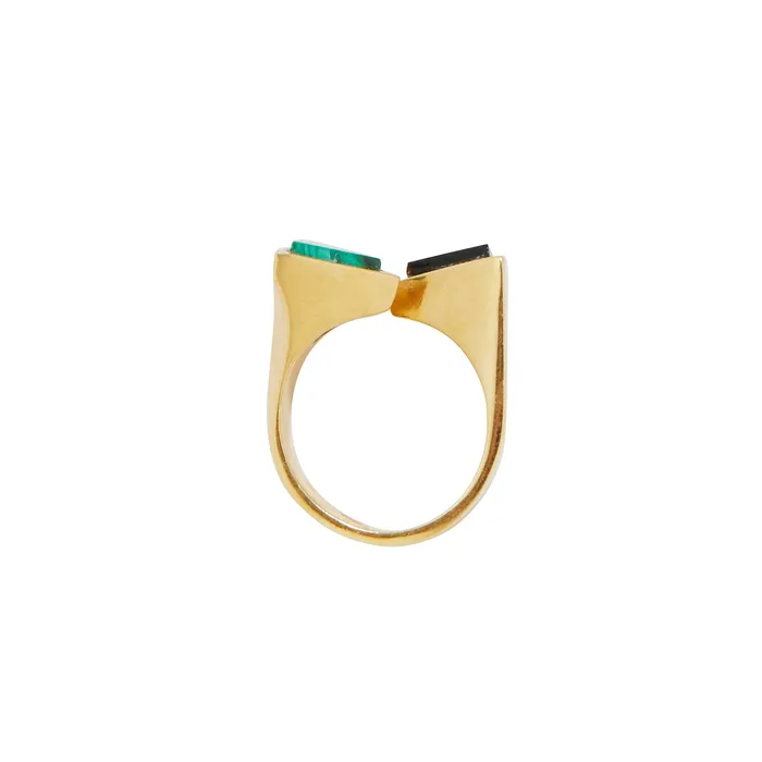 Rings 1970s Malachite And Onyx 18k Gold Ring Vintage