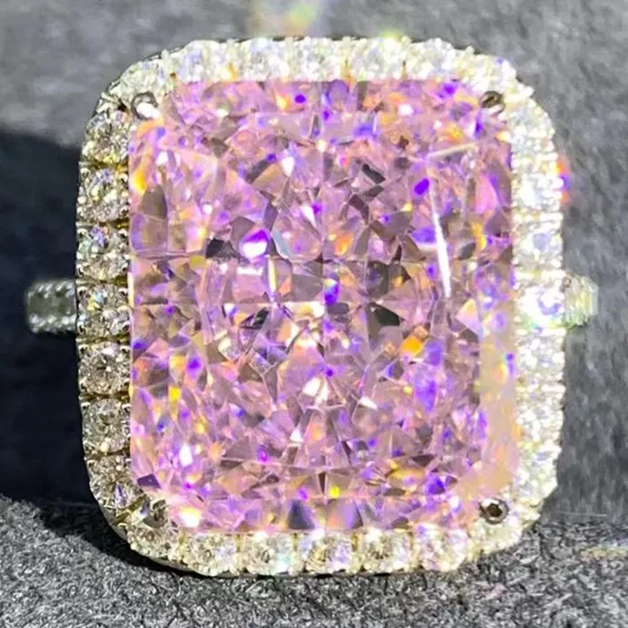 Rings Leyloon Jewelry 8 Carat Pink Radiant Cut Halo French Pave VVS Moissanite Ring Rings Leyloon Jewelry 8 Carat Pink Radiant Cut Halo French Pave VVS Moissanite Ring
