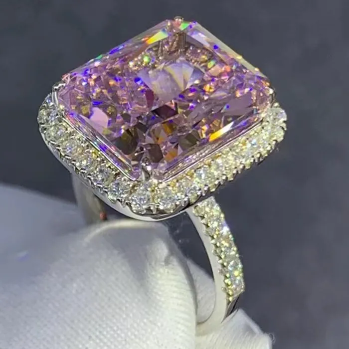 Rings Leyloon Jewelry 8 Carat Pink Radiant Cut Halo French Pave VVS Moissanite Ring