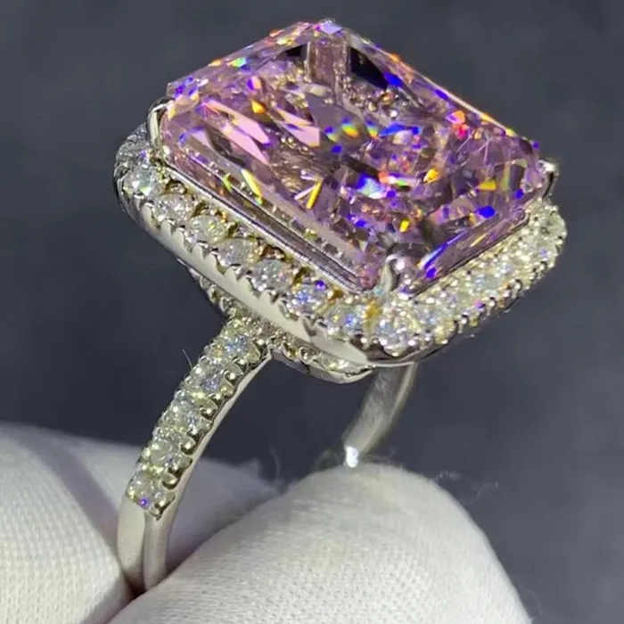 Rings Leyloon Jewelry 8 Carat Pink Radiant Cut Halo French Pave VVS Moissanite Ring