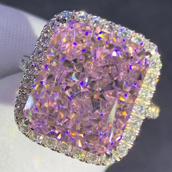 Rings Leyloon Jewelry 8 Carat Pink Radiant Cut Halo French Pave VVS Moissanite Ring