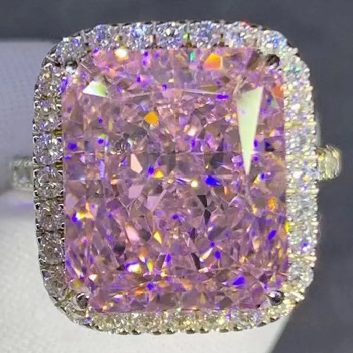 Rings Leyloon Jewelry 8 Carat Pink Radiant Cut Halo French Pave VVS Moissanite Ring