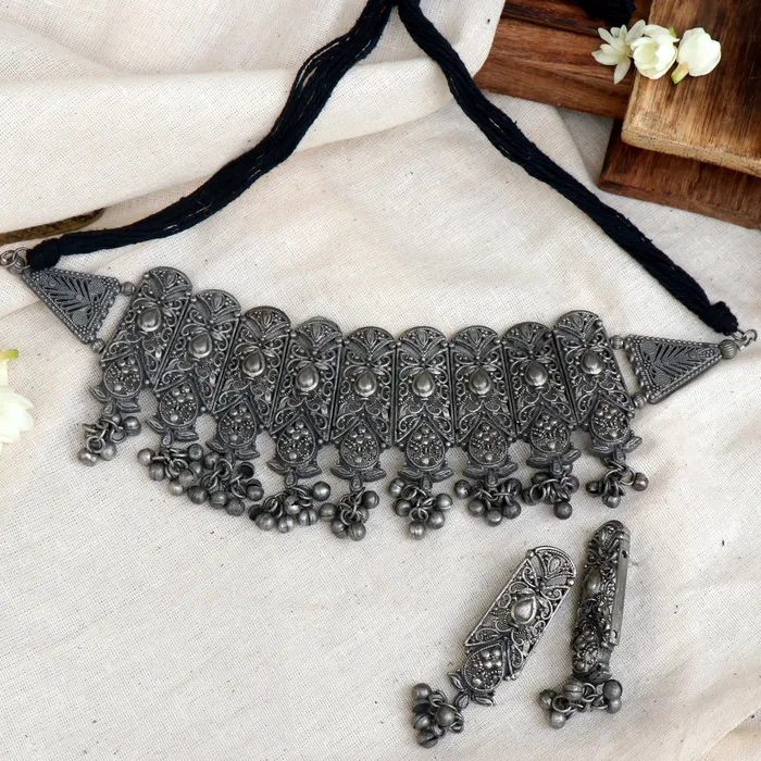 Teejh Necklaces Teejh Spruha Silver Oxidised Choker Necklace Teejh Necklaces Teejh Spruha Silver Oxidised Choker Necklace