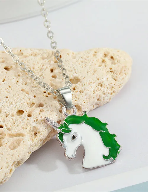 02 Necklaces L93 Silver Baked Enamel Green Unicorn Necklace with FREE Earrings