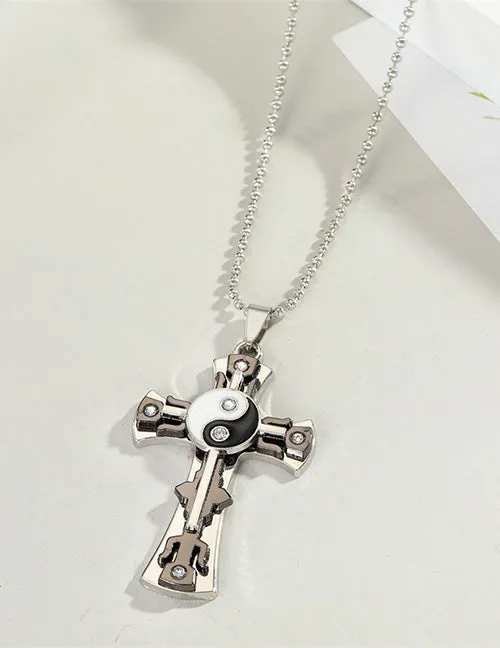 02 Necklaces N317 Silver Gun Metal Cross Yin Yang Necklace