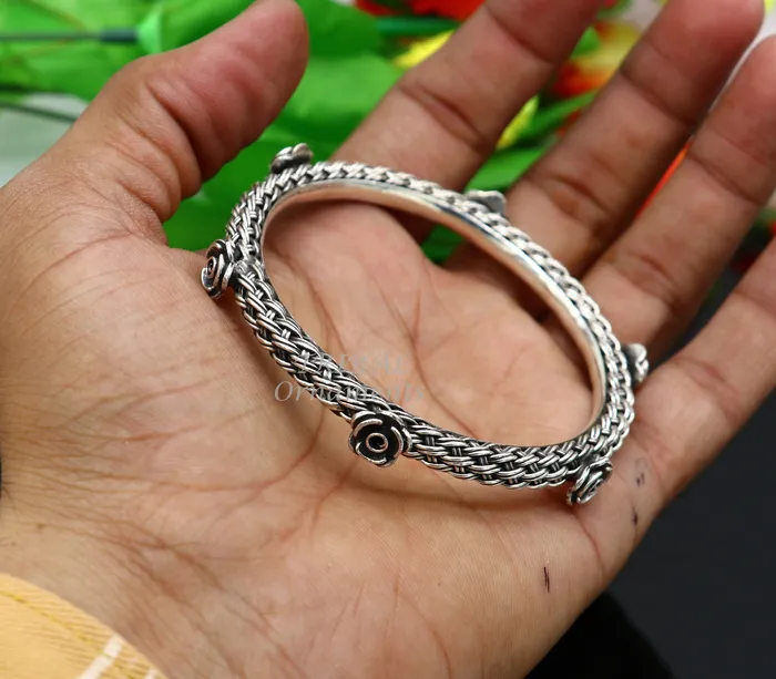 925 sterling silver handmade Vintage design ethnic flower bangle bracelet tribal jewelry best bride belly dance ethnic jewelry nsk509 TRIBAL ORNAMENTS Bracelets
