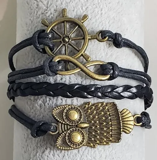 AZ524 Black Owl Ship Wheel Infinity Leather Layer Bracelet alice Bracelets