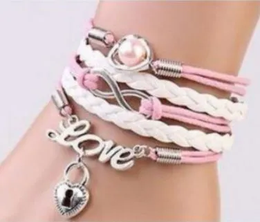 Bracelets POLLY B170 Light Pink White Heart Locket Leather Layer Bracelet