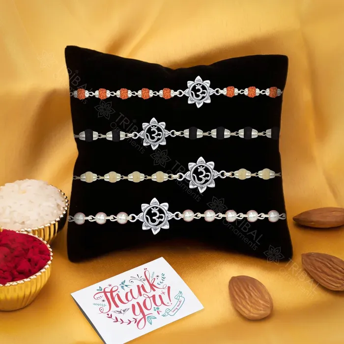 Bracelets TRIBAL ORNAMENTS 925 sterling silver unique style Aum or OM pendant Rakhi bracelet in rudrakshblack basilwhite basil and silver beaded chain rk269 Bracelets TRIBAL ORNAMENTS 925 sterling silver unique style Aum or OM pendant Rakhi bracelet in rudrakshblack basilwhite basil and silver beaded chain rk269