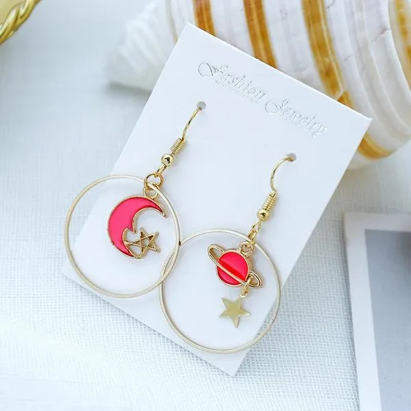 Earrings 01 E1082 Gold Pink Stars Moon Planet Hoop Earrings