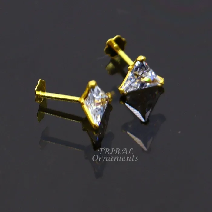 Earrings 5mm 18kt yellow gold handmade single stone Triangle shape stud earring cartilage earring customized unisex screw back stud jewelry er148 TRIBAL ORNAMENTS