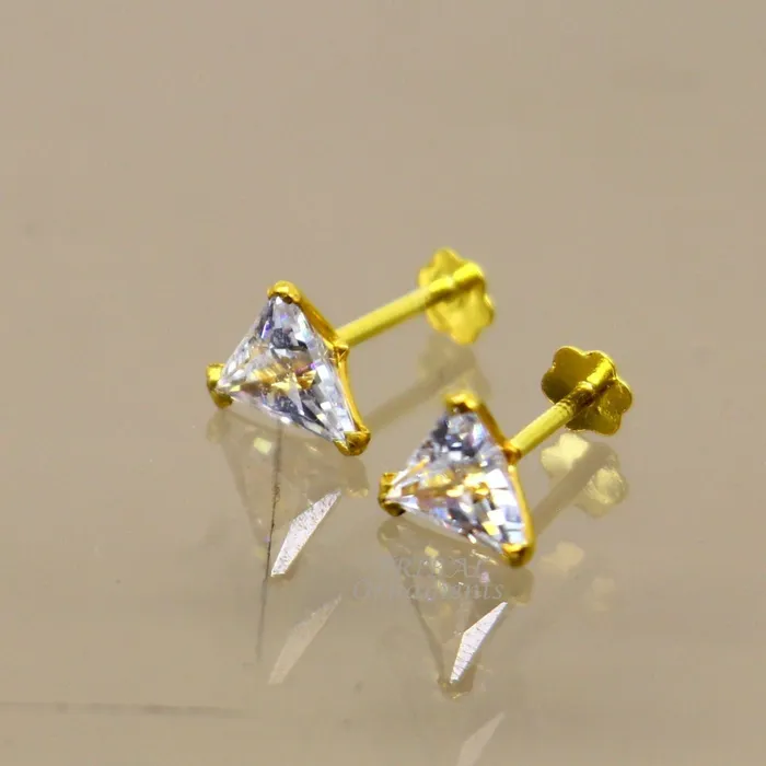 Earrings 5mm 18kt yellow gold handmade single stone Triangle shape stud earring cartilage earring customized unisex screw back stud jewelry er148 TRIBAL ORNAMENTS