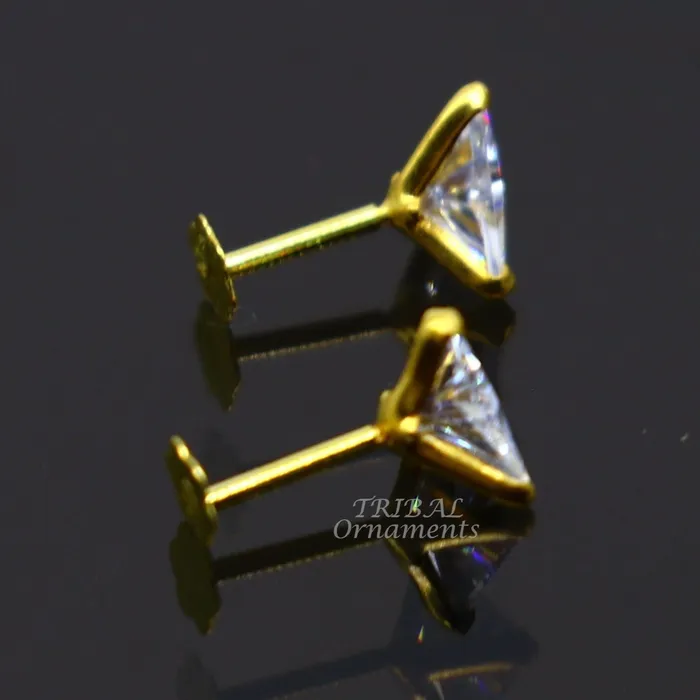 Earrings 5mm 18kt yellow gold handmade single stone Triangle shape stud earring cartilage earring customized unisex screw back stud jewelry er148 TRIBAL ORNAMENTS