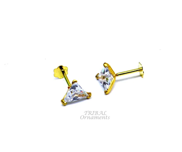 Earrings 5mm 18kt yellow gold handmade single stone Triangle shape stud earring cartilage earring customized unisex screw back stud jewelry er148 TRIBAL ORNAMENTS