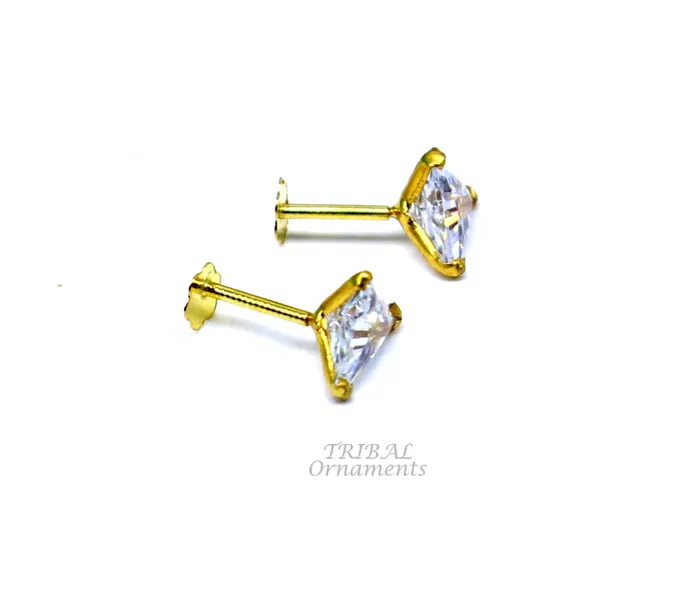 Earrings 5mm 18kt yellow gold handmade single stone Triangle shape stud earring cartilage earring customized unisex screw back stud jewelry er148 TRIBAL ORNAMENTS