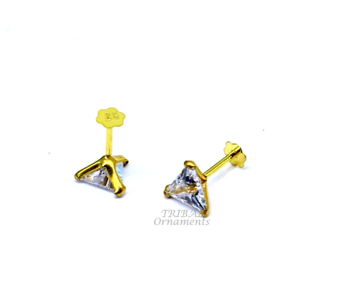 Earrings 5mm 18kt yellow gold handmade single stone Triangle shape stud earring cartilage earring customized unisex screw back stud jewelry er148 TRIBAL ORNAMENTS