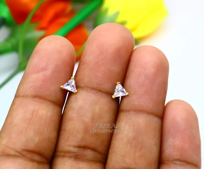 Earrings 5mm 18kt yellow gold handmade single stone Triangle shape stud earring cartilage earring customized unisex screw back stud jewelry er148 TRIBAL ORNAMENTS
