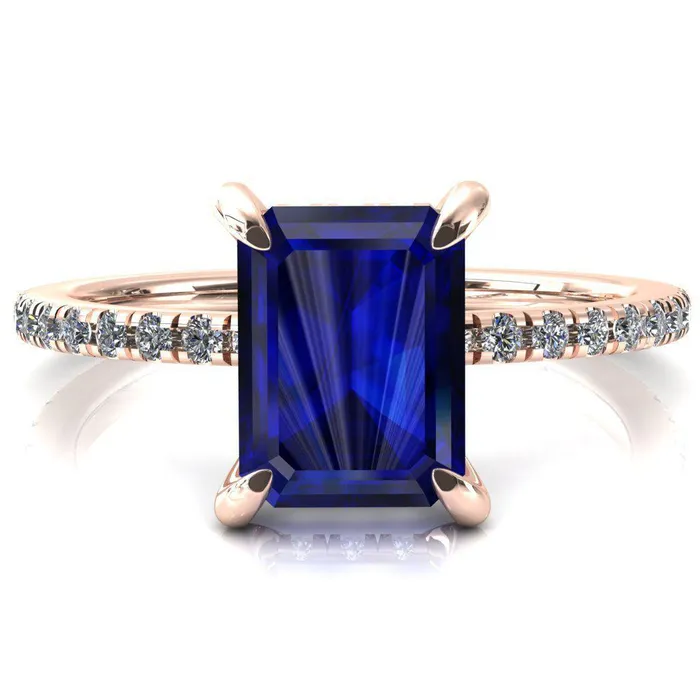 Fire Brilliance Rings Mayeli Emerald Blue Sapphire 4 Claw Prong Micro Pave Diamond Sides Engagement Ring