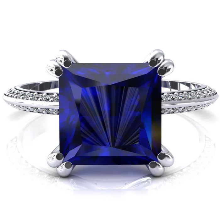 Fire Brilliance Rings Nancy Princess Blue Sapphire 4 Double Prong 12 Eternity Diamond Knife Shank Accent Engagement Ring Fire Brilliance Rings Nancy Princess Blue Sapphire 4 Double Prong 12 Eternity Diamond Knife Shank Accent Engagement Ring