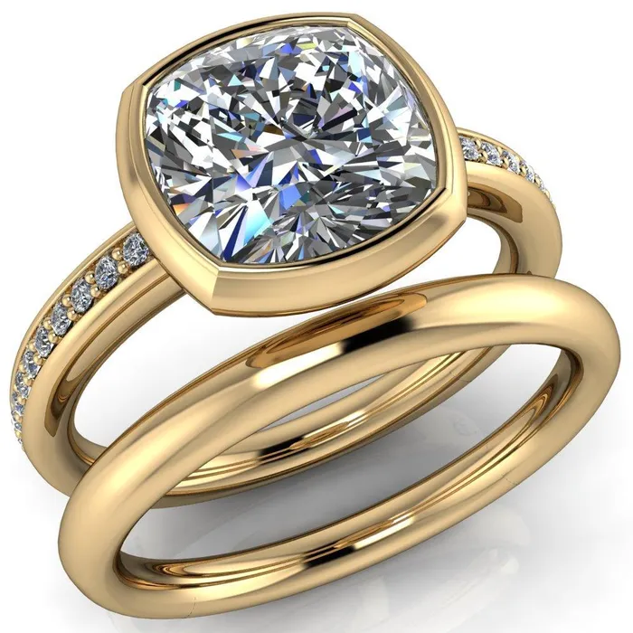 Fire Brilliance Rings Primrose Cushion Center Stone Full Bezel Diamond Channel Ring