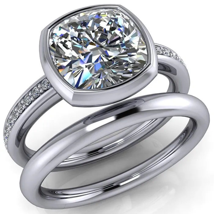 Fire Brilliance Rings Primrose Cushion Center Stone Full Bezel Diamond Channel Ring