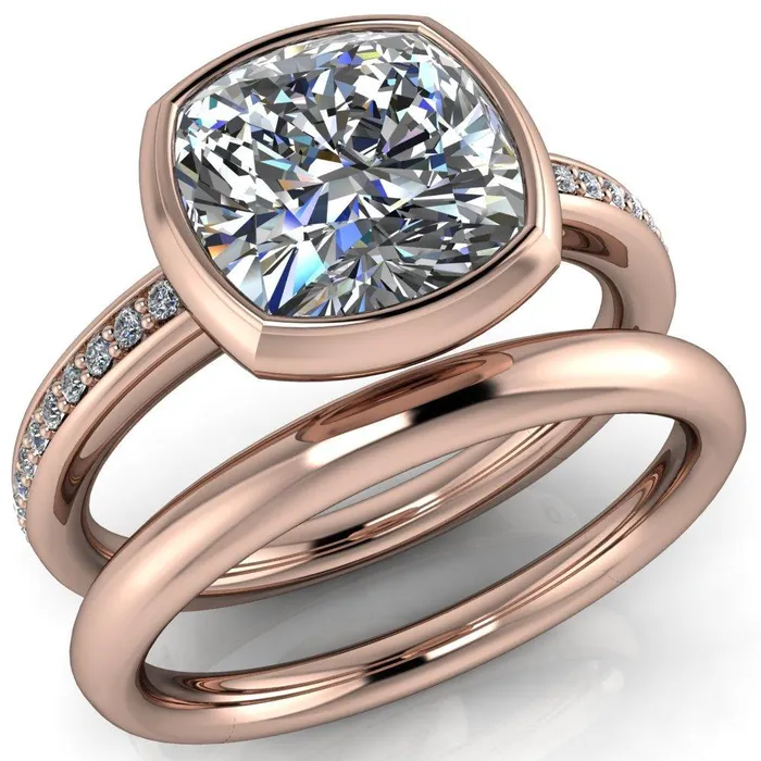 Fire Brilliance Rings Primrose Cushion Center Stone Full Bezel Diamond Channel Ring