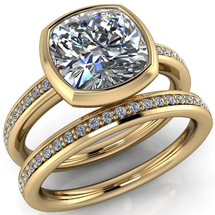 Fire Brilliance Rings Primrose Cushion Center Stone Full Bezel Diamond Channel Ring