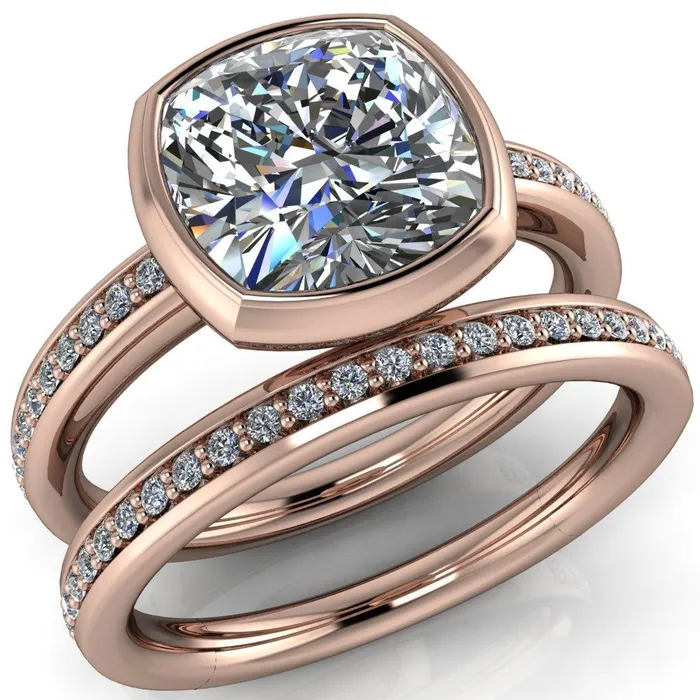 Fire Brilliance Rings Primrose Cushion Center Stone Full Bezel Diamond Channel Ring