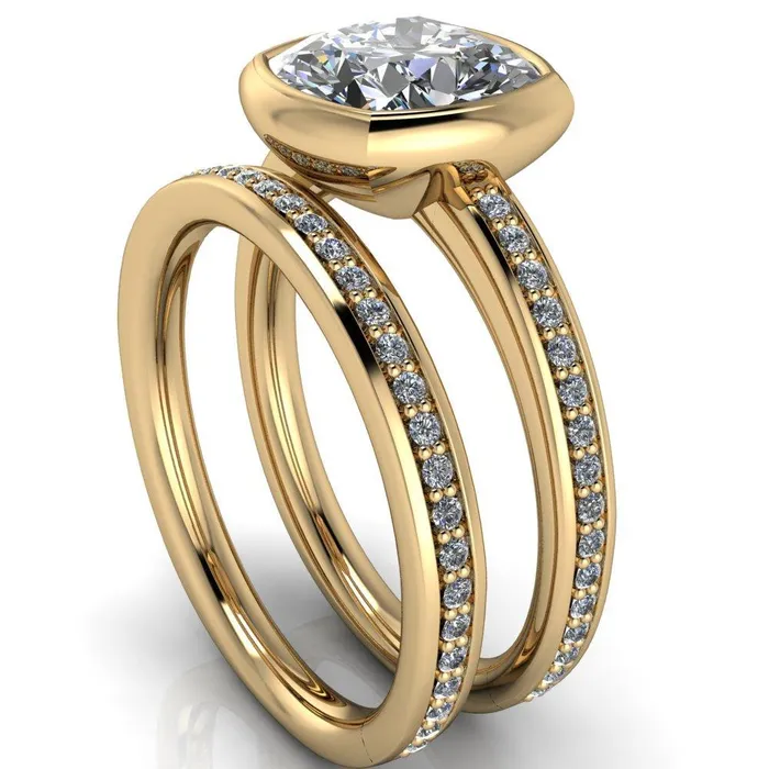 Fire Brilliance Rings Primrose Cushion Center Stone Full Bezel Diamond Channel Ring