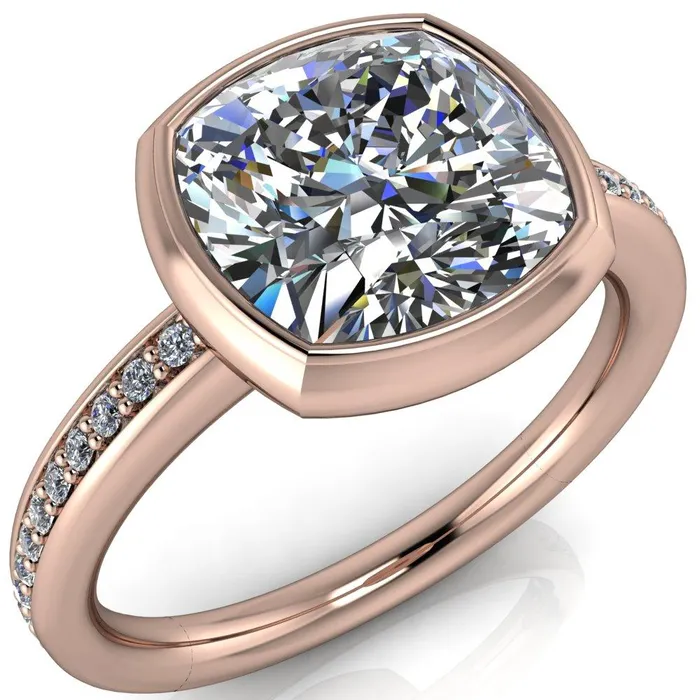 Fire Brilliance Rings Primrose Cushion Center Stone Full Bezel Diamond Channel Ring