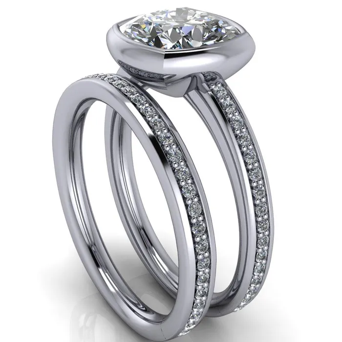 Fire Brilliance Rings Primrose Cushion Center Stone Full Bezel Diamond Channel Ring