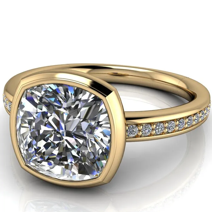 Fire Brilliance Rings Primrose Cushion Center Stone Full Bezel Diamond Channel Ring