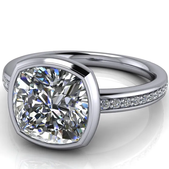 Fire Brilliance Rings Primrose Cushion Center Stone Full Bezel Diamond Channel Ring